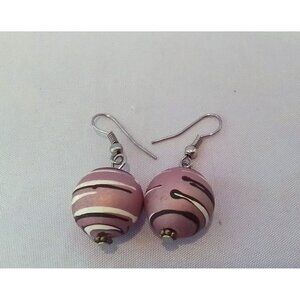 Vintage Pink Swirl Bead Dangle Earrings With Fish Hook Backs